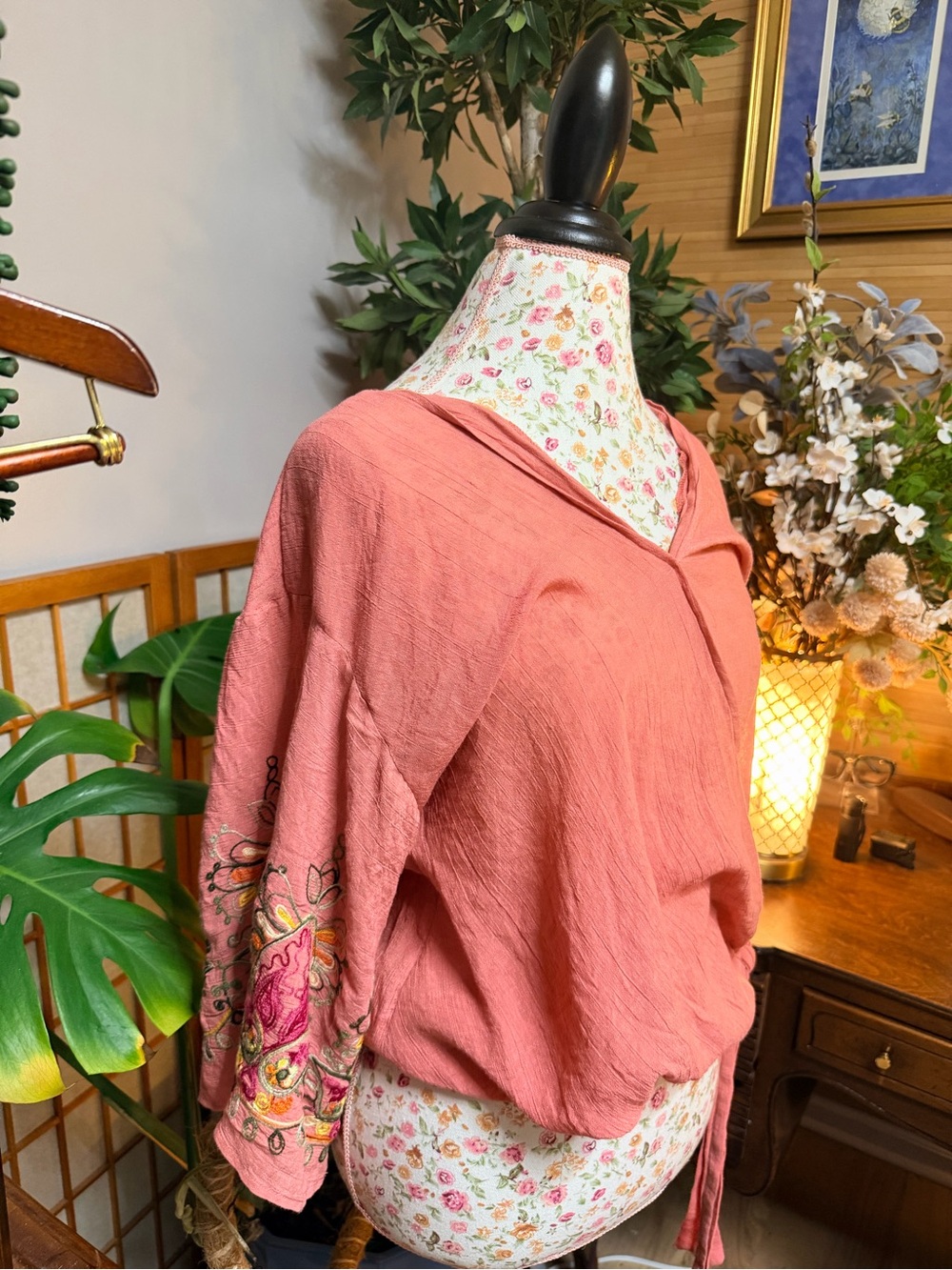 Olivia & Martin Coral Pink Tie-Front Peasant Blouse with Embroidered Sleeves